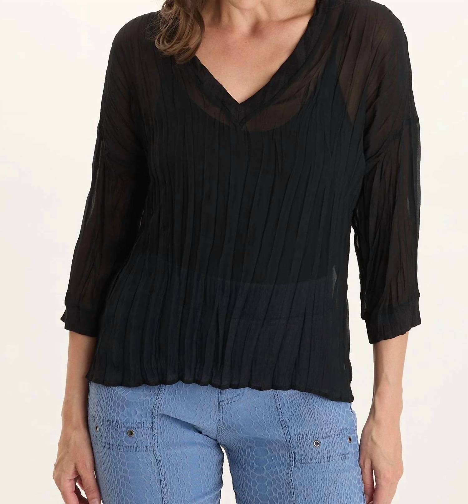 Xcvi - V-Neck Micro-Pleat 3/4-Sleeve Crinkle Top