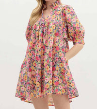 entro Floral Print Ruffle V-neck Mini Dress in pink - women's dress - detail view