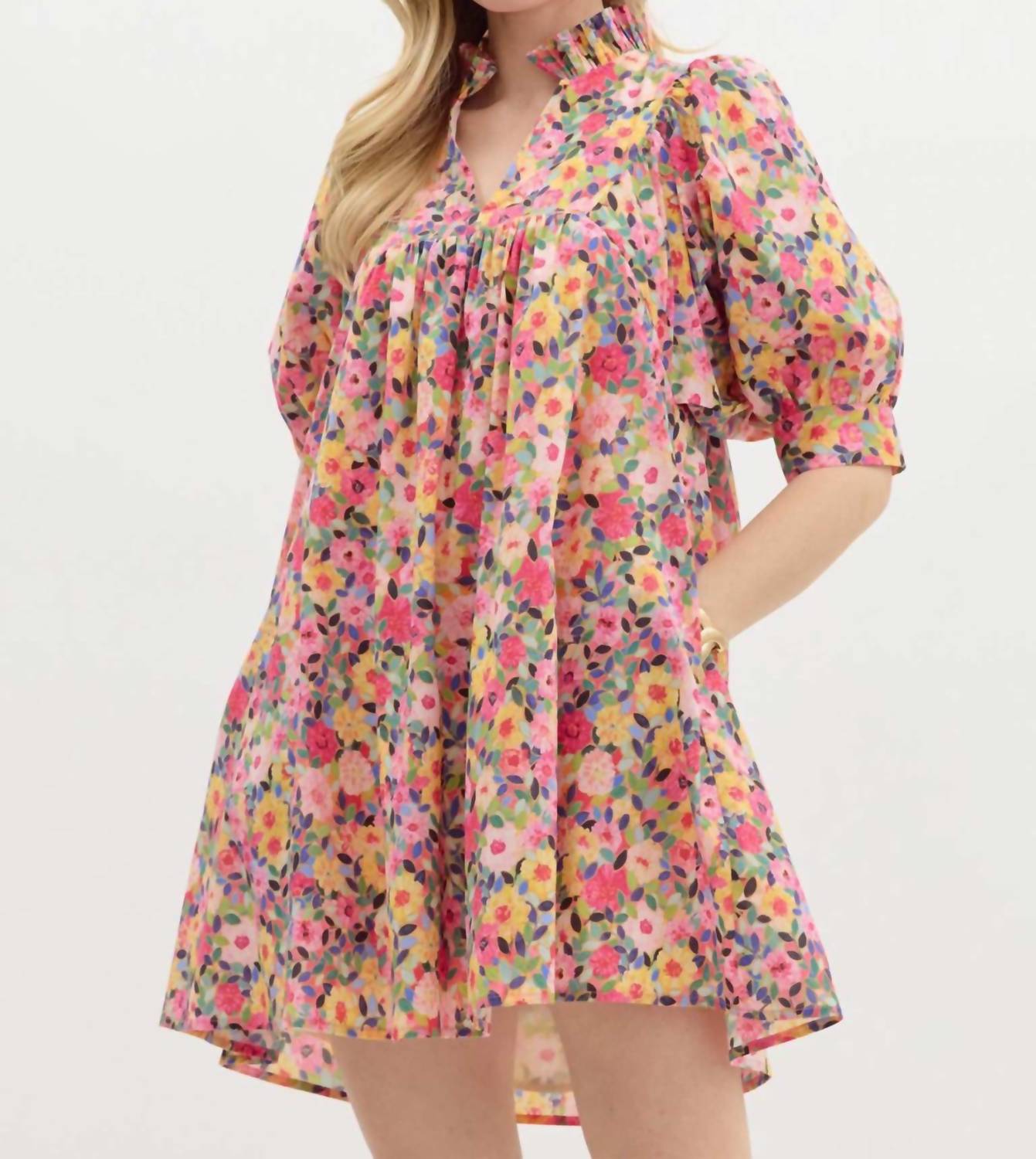 entro Floral Print Ruffle V-neck Mini Dress in pink - women's dress - detail view
