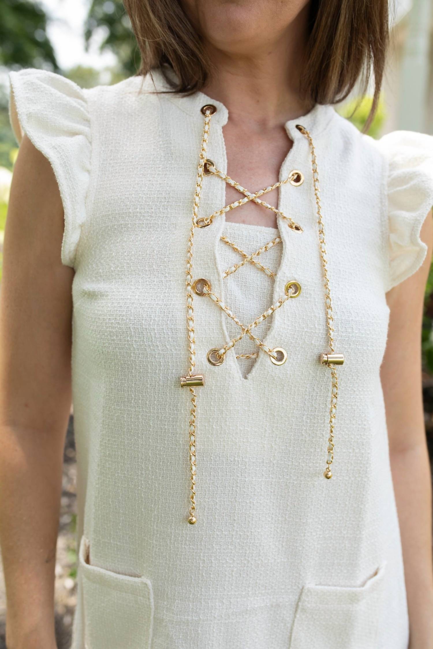 voy Golden Chain Tweed Dress in white - women's dress - detail view