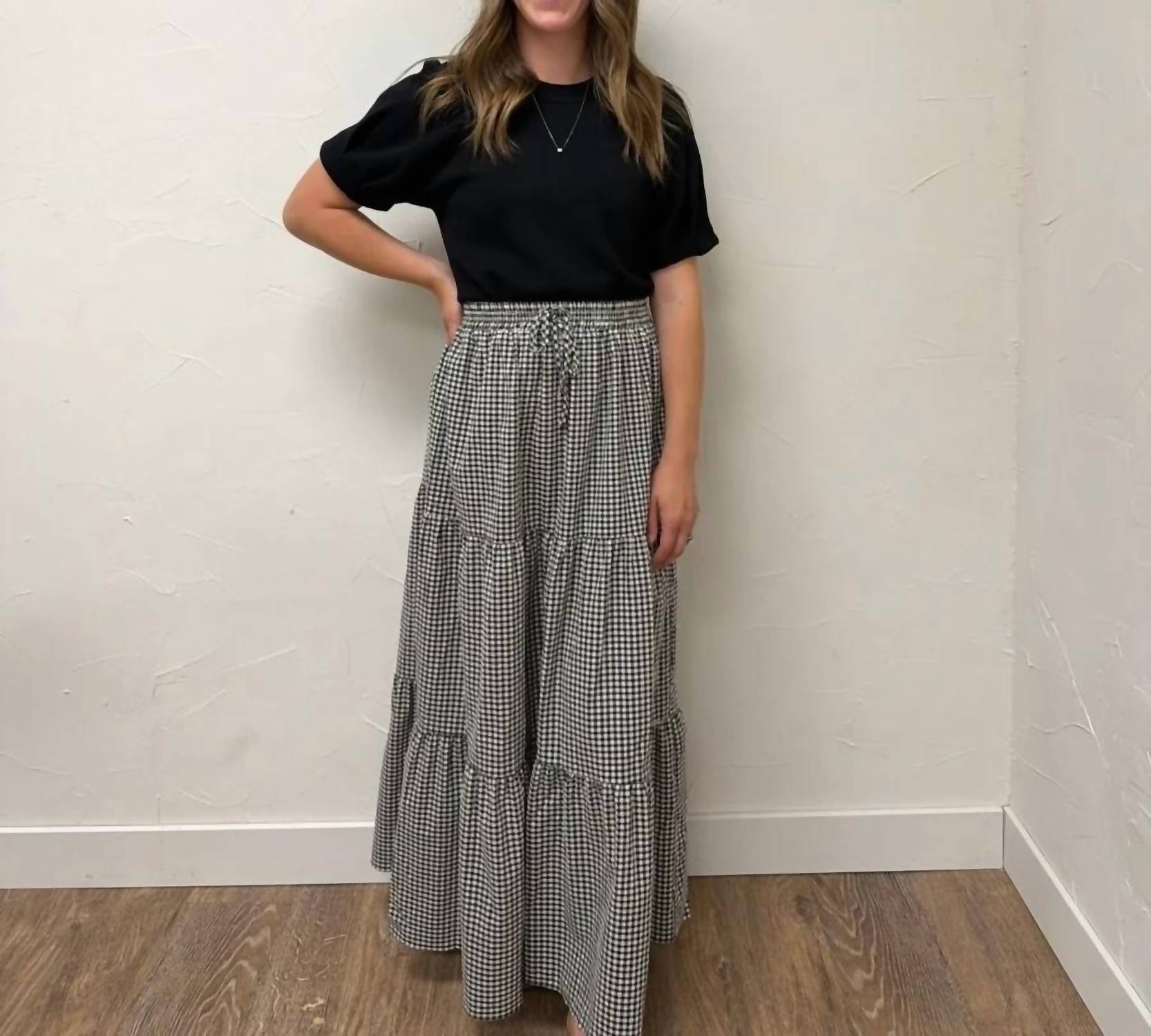 Vine & Love - Plaid Tiered Ruffled Drawstring Maxi Skirt