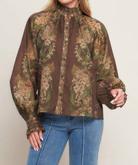 Flying Tomato - Balloon Sleeve Botanical Printed Blouse
