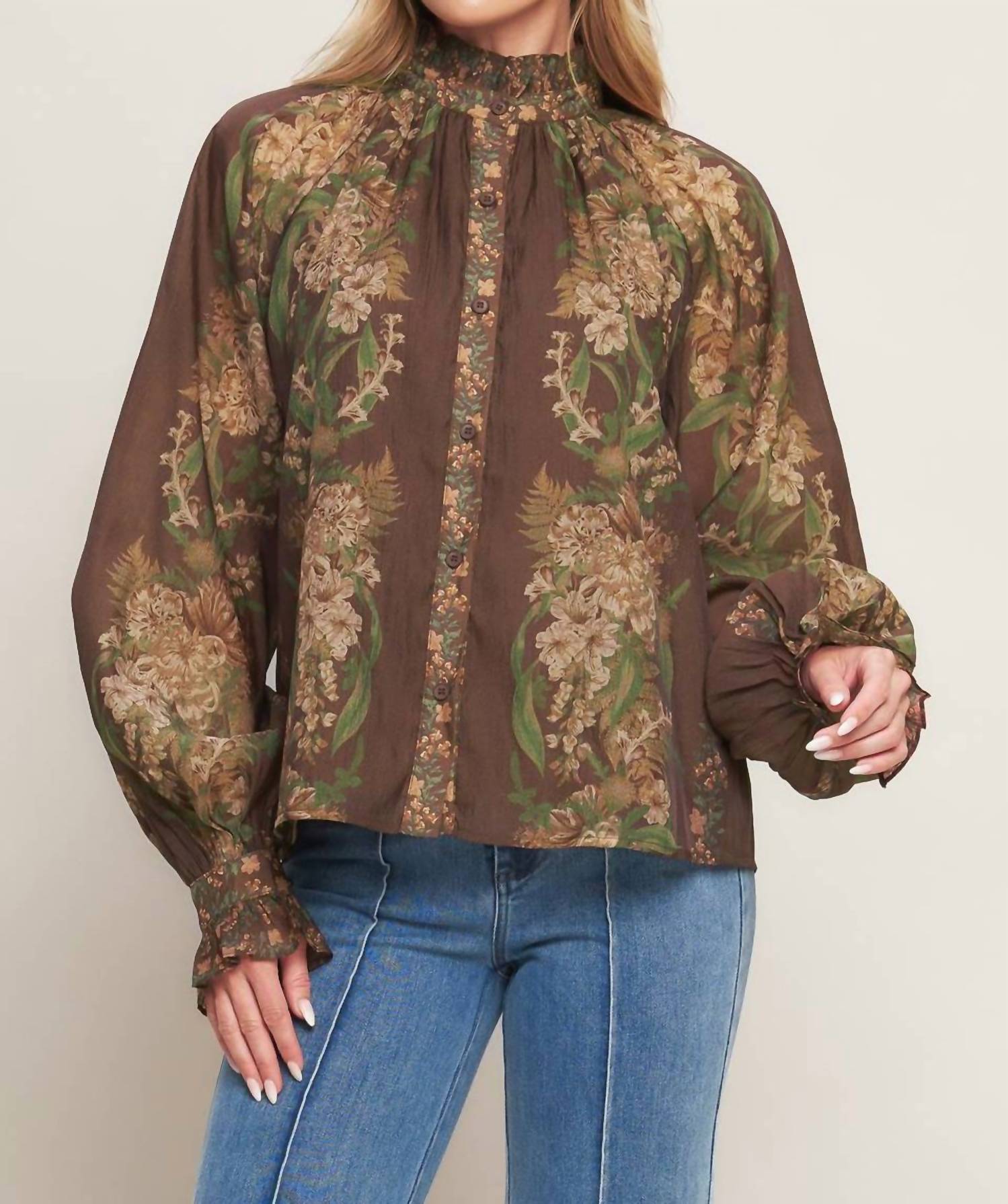 Flying Tomato - Balloon Sleeve Botanical Printed Blouse