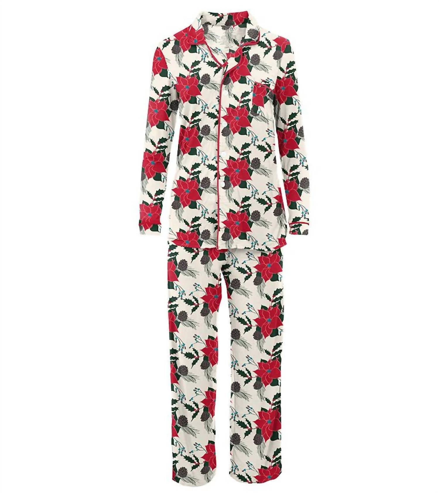 Kickee - Women's Bamboo Print Long Sleeve Collared Pajama Set