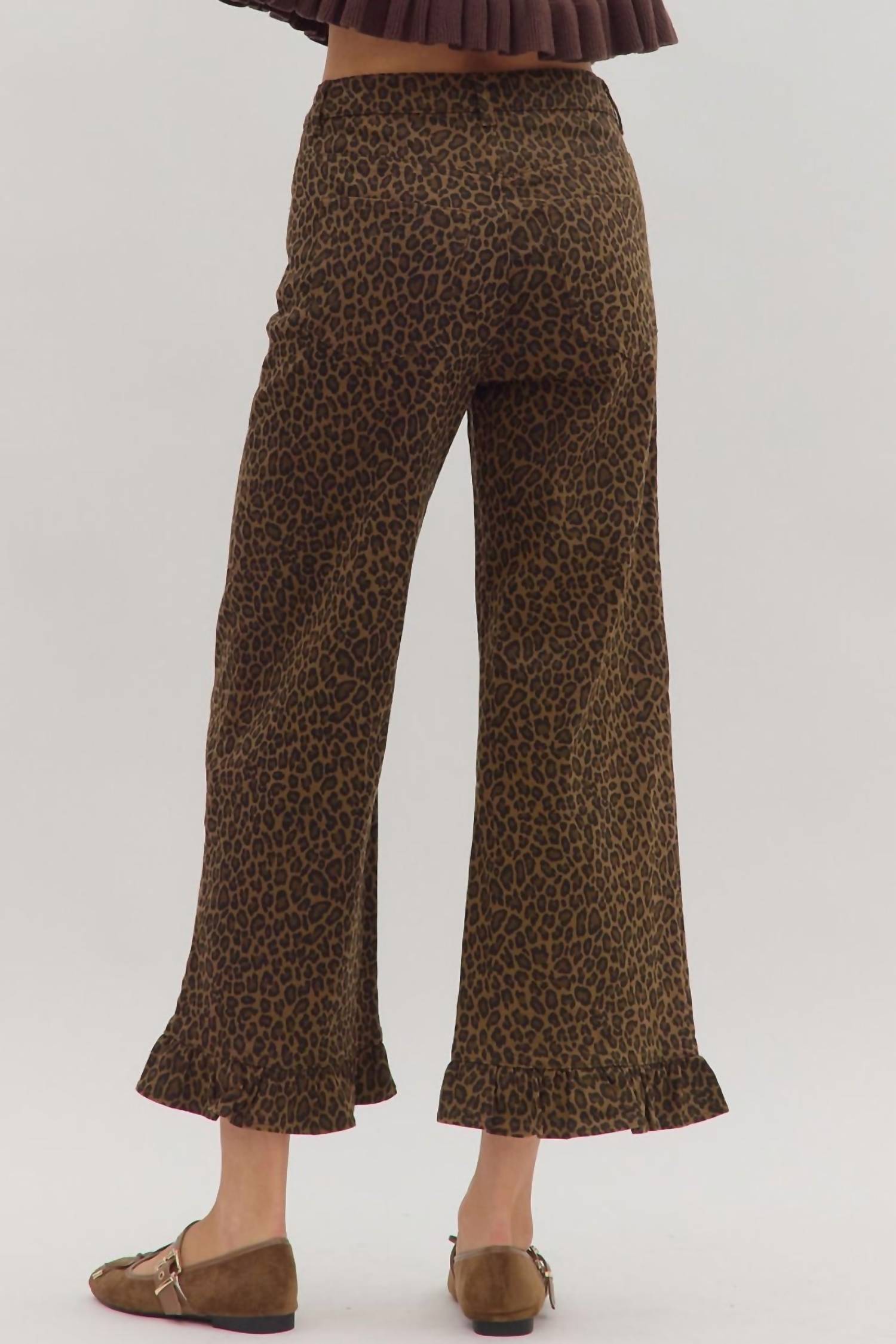 entro Wild Ruffle Trim Pants in leopard - women's pants - detail view