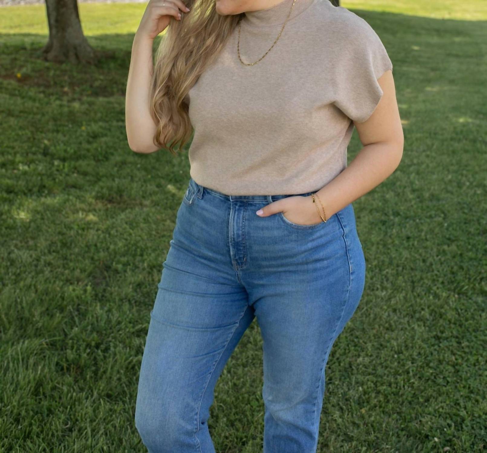 ee:some Cozy And Casual Short Sleeve Top in oatmeal - women's blouse - detail view