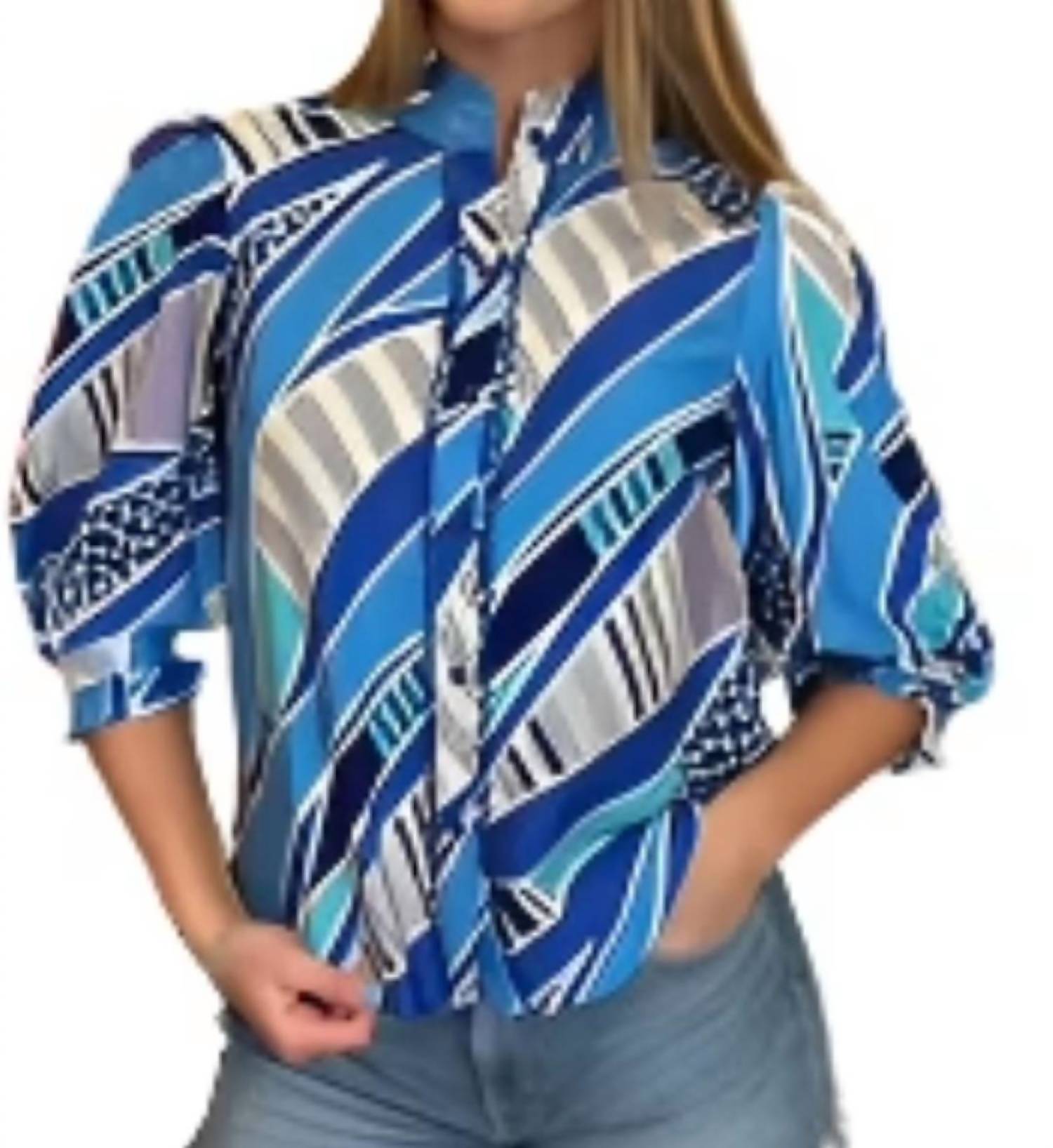 Joy Joy Trim Button Front Blouse in blue wave geo - women's blouse