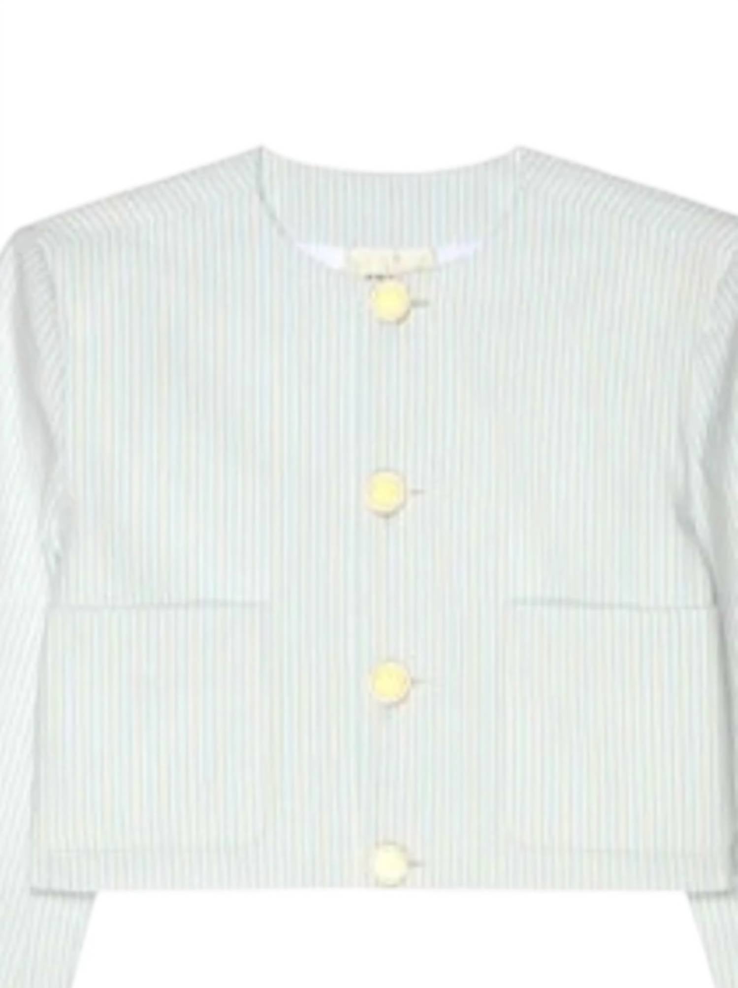 FRAME Women's Seersucker Cotton Jacket in light chambray multi - women's jacket - detail view