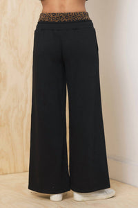 Vintage Havana Heavy Surfwash Pant With Printed Double Waist in black w leopard - women's pants - detail view