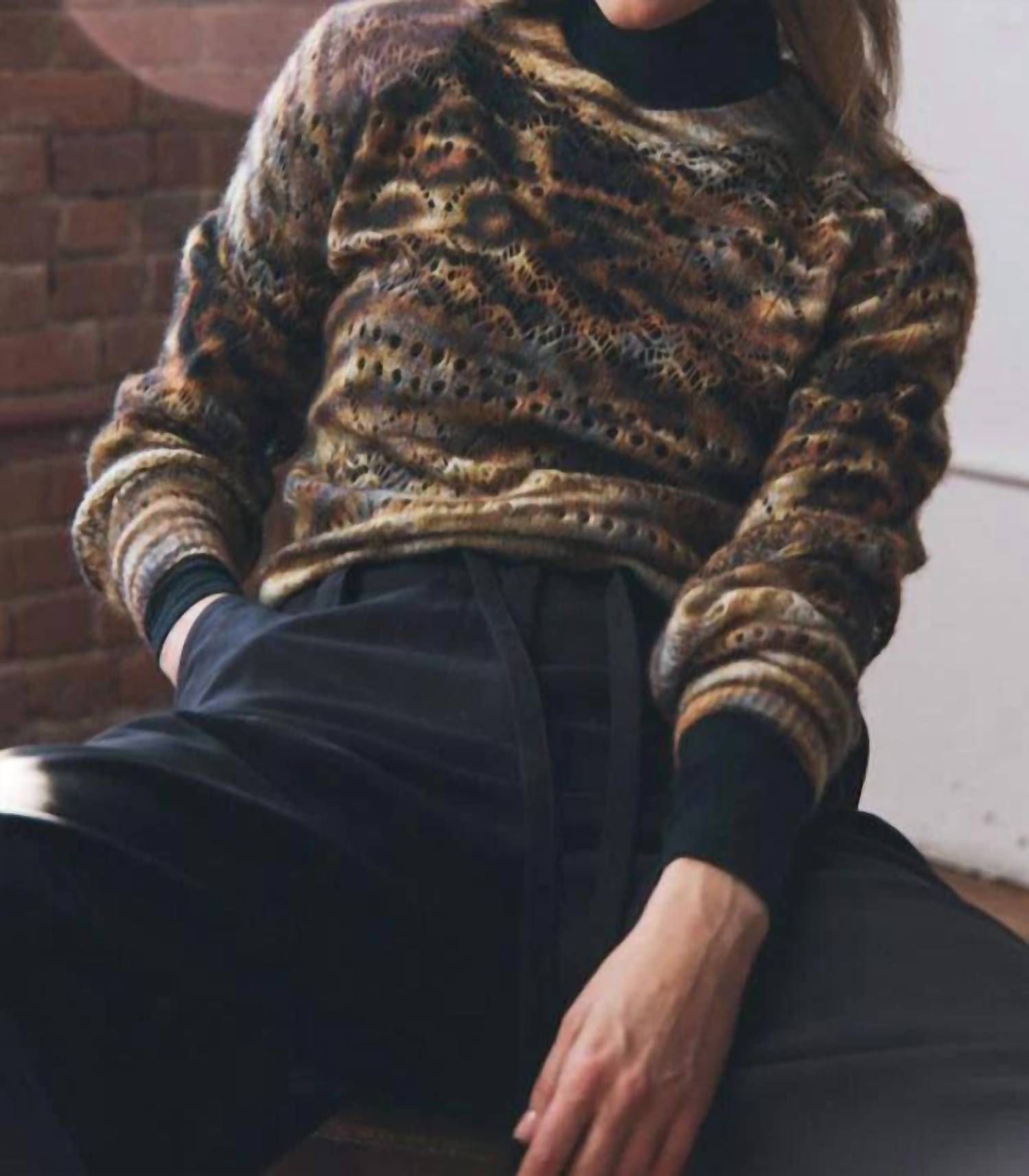 Autumn Cashmere - Neutral Animal Print Pointelle Crewneck Sweater