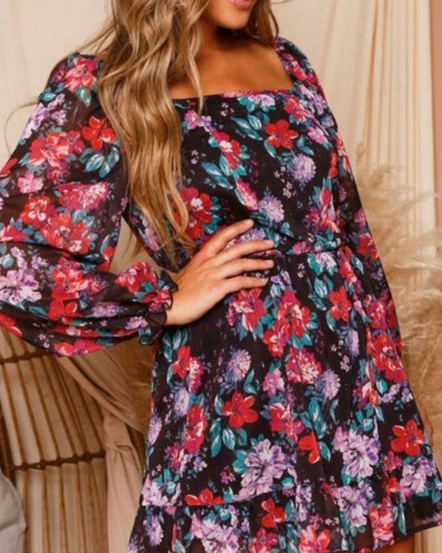 Peach Love Floral Chiffon Mini Dress in multicolor - women's dress - detail view