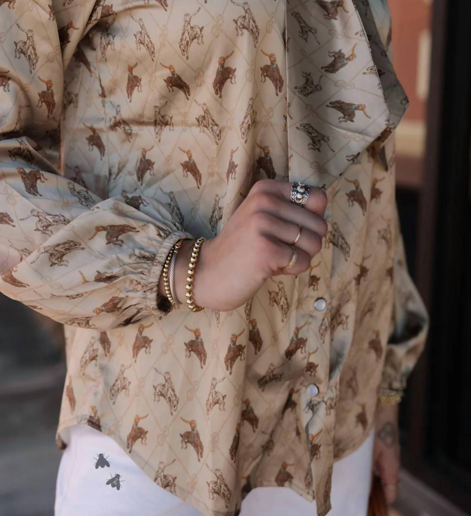 2FlyCo Brimstone Tie Front Blouse in tan brown - women's blouse - detail view