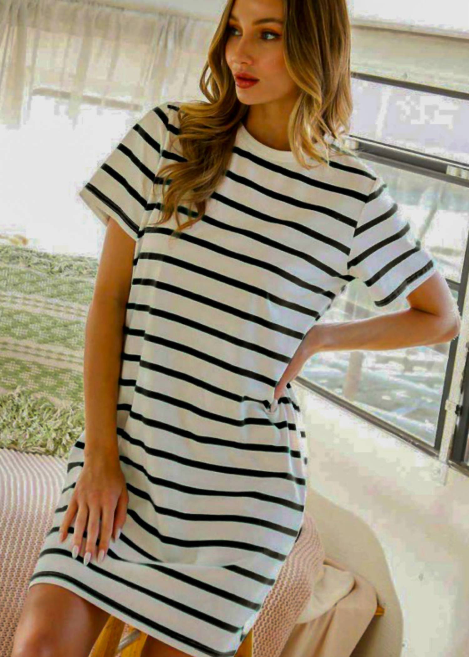 Vine & Love - Peri Stripe Knit Midi T-shirt Dress