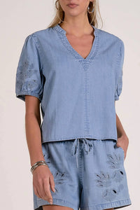 Elan - Short Sleeve Open Work Sleeves V-neck Top