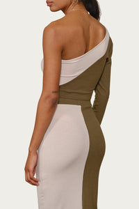 COLORBLOCKED RIBBED-KNIT ONE-SLEEVE TOP