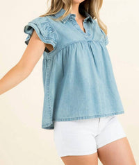 Pol - Collared Babydoll Denim Top