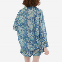Folkloore Lightweight Floral Short Pajama Set in grey petrol blue baby blue - women's sleepwear - detail view
