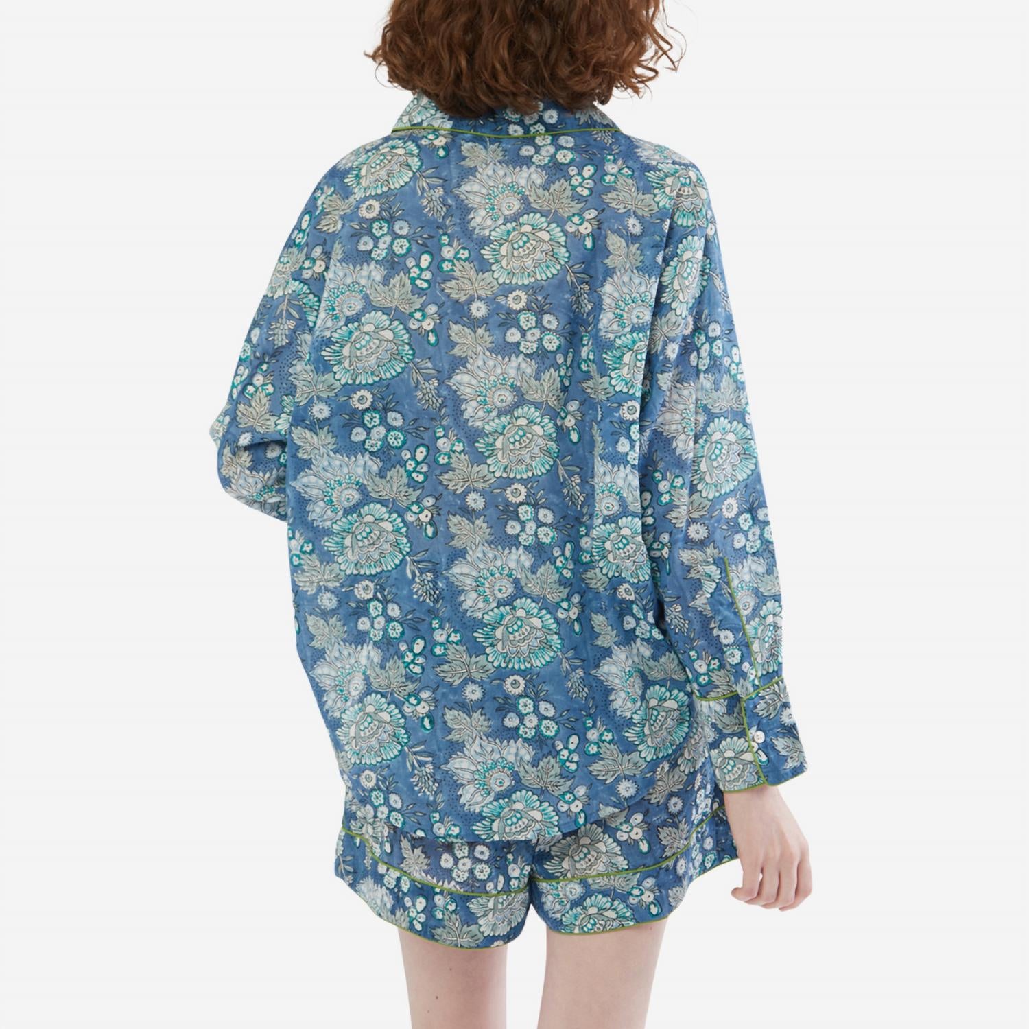Folkloore Lightweight Floral Short Pajama Set in grey petrol blue baby blue - women's sleepwear - detail view
