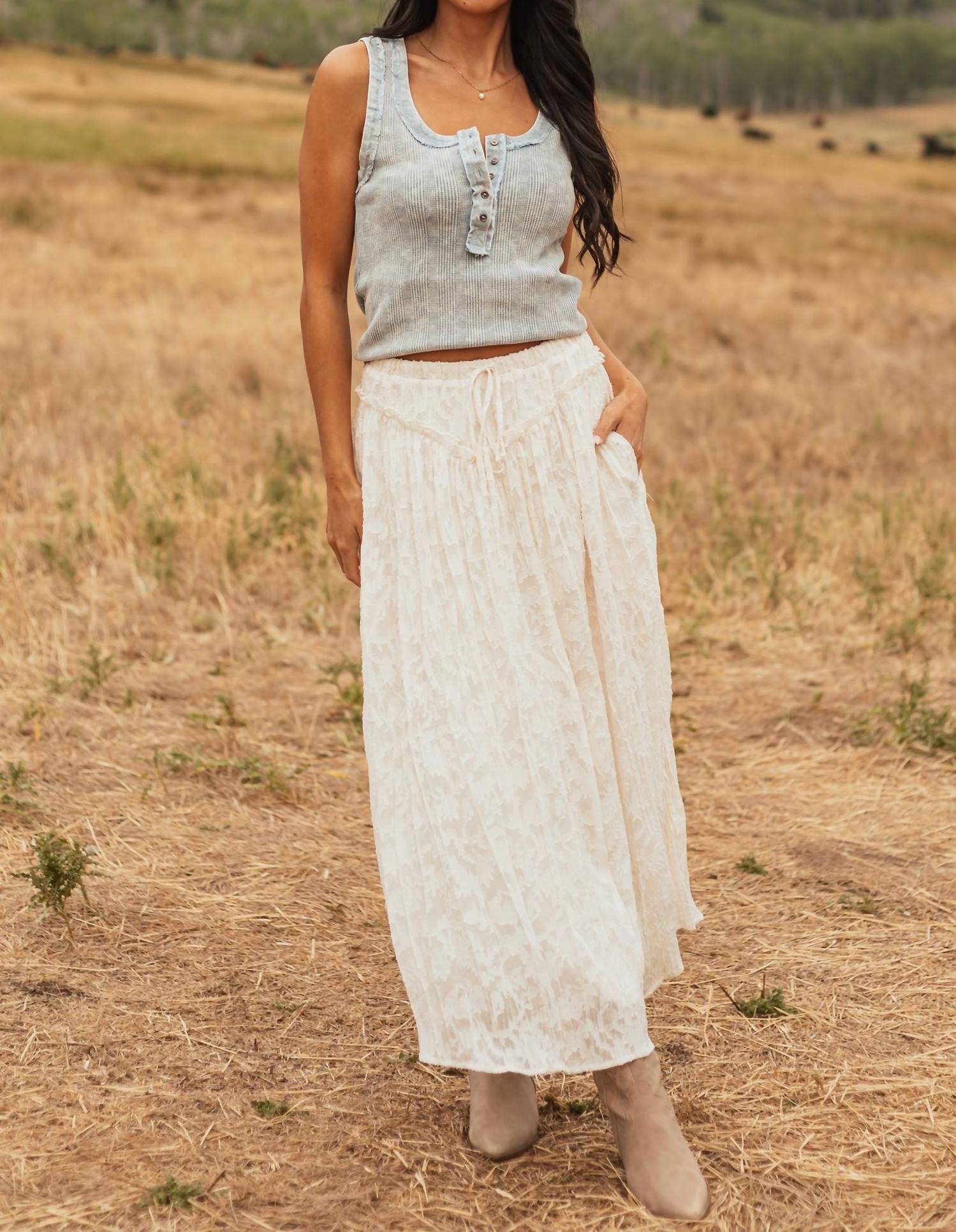 Listicle - Women's Boho Lace Wavy Ruffle Maxi Skirt