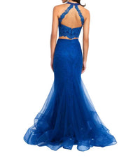 Blush Prom - Halter Tulle Lace Mermaid Two Piece Gown