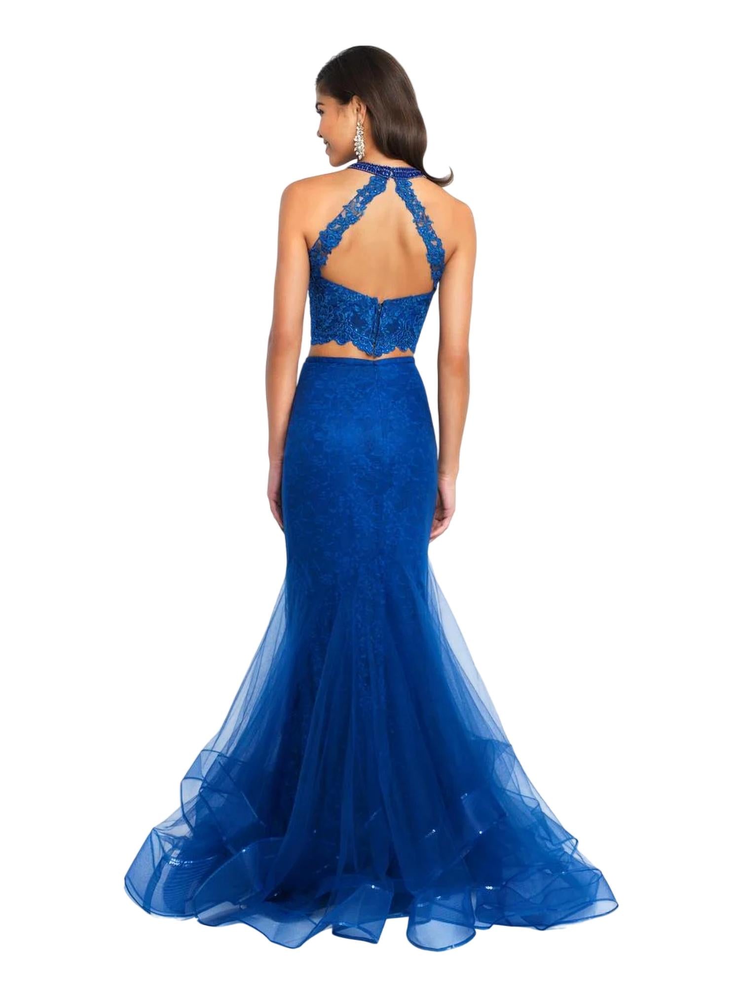 Blush Prom - Halter Tulle Lace Mermaid Two Piece Gown