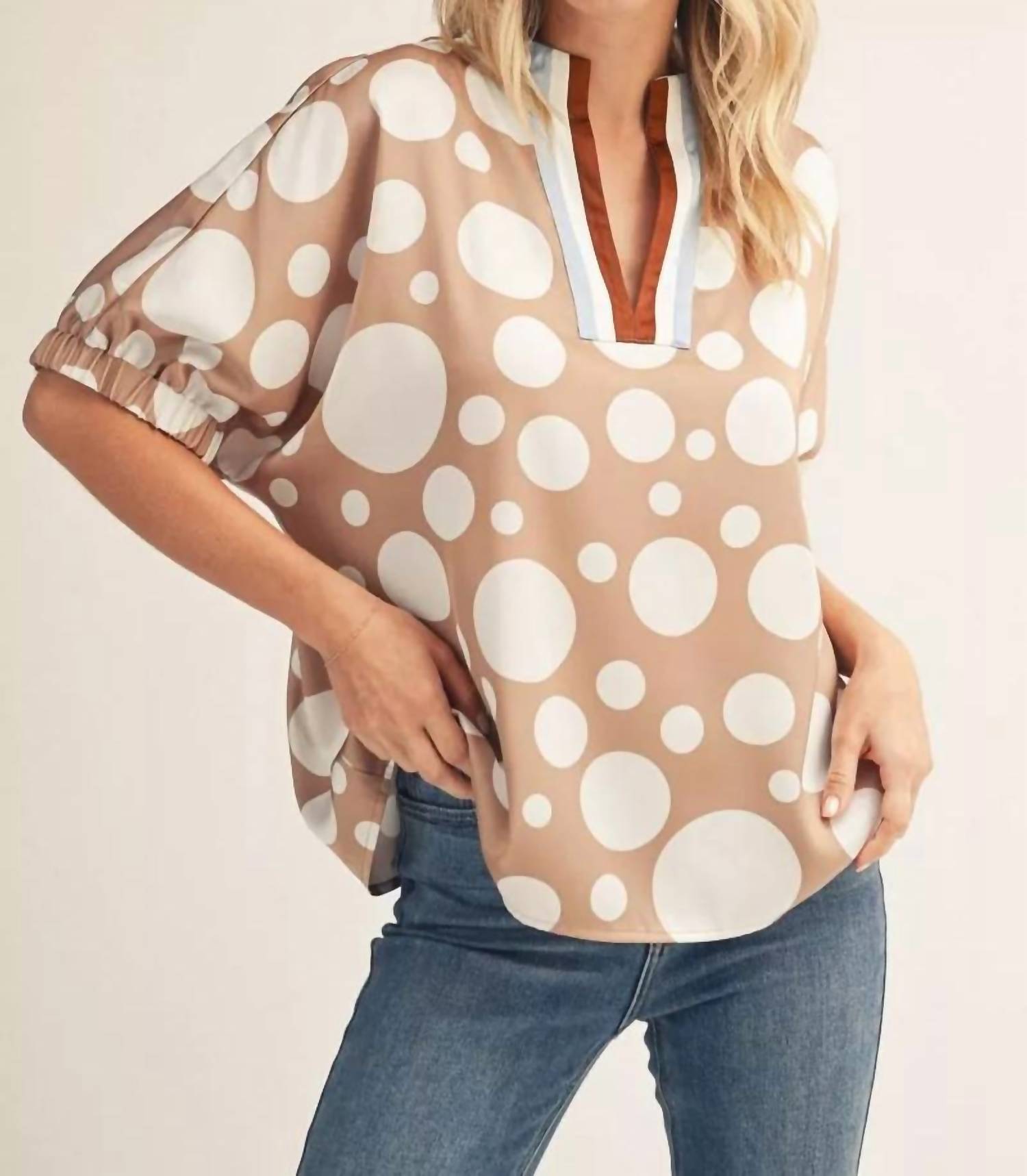 Jodifl - Polka Dot Split-neck Blouse