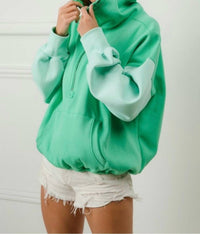 BiBi Color Block Elastic Hem Fleece Hoodie in teal - women's top - view 4