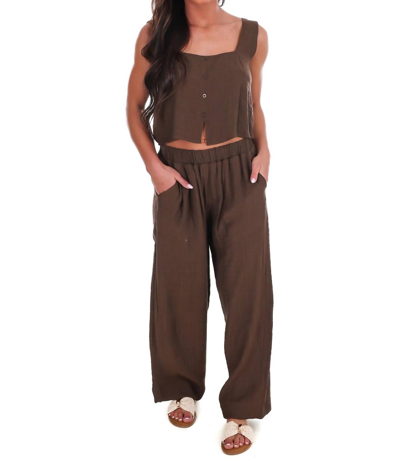 Blu Pepper - Breezy Escape Square Neck Top And Wide Leg Pants Two Piece Set