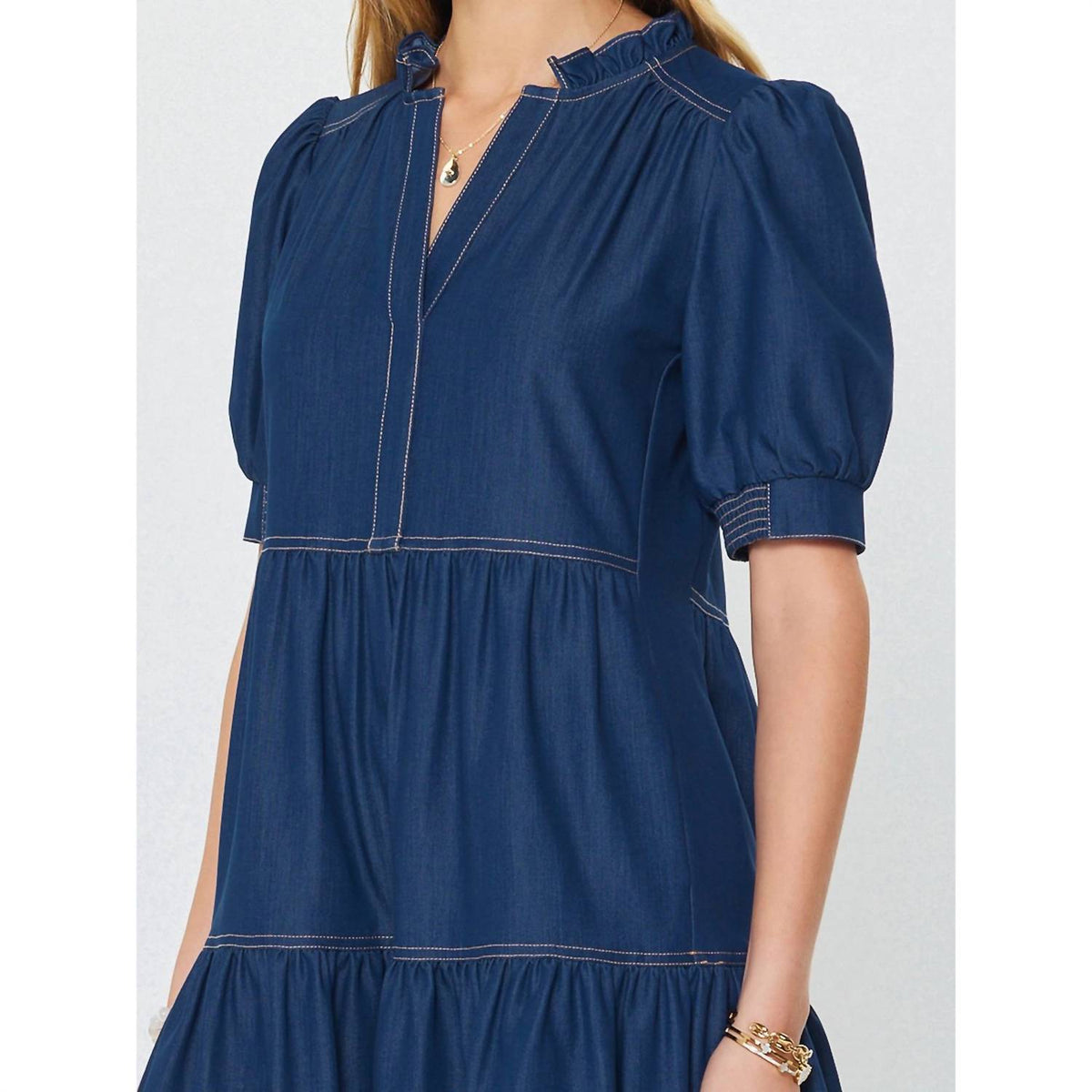 Current Air - Denim Tiered Short Sleeve Mini Dress