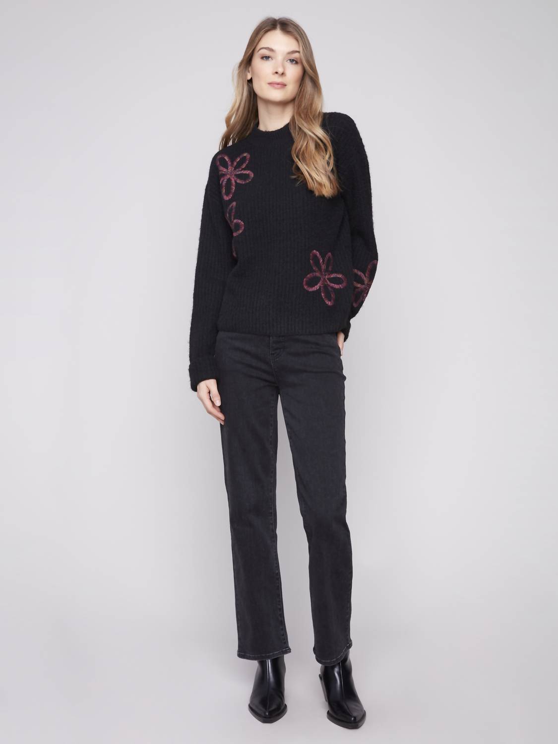 Charlie B - Long Sleeve Mock Neck Sweater With Embroidered Flowers