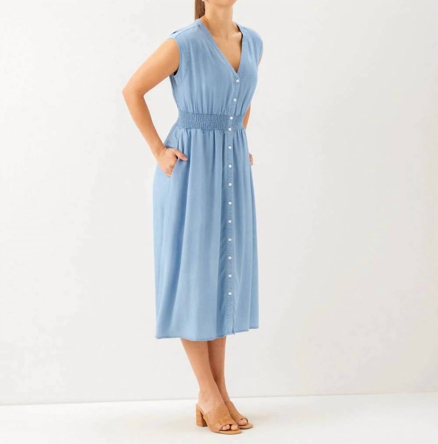 Karen Kane - Cap Sleeve Smocked Waist Button-Up Midi Dress