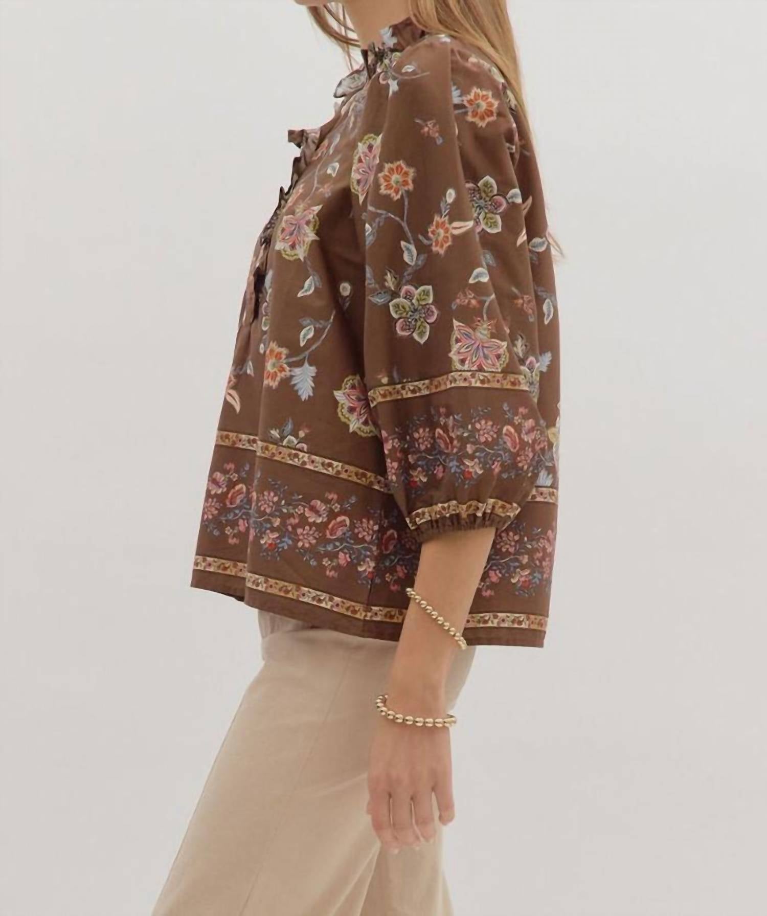 entro Ruffle Neck Shirt in brown pink floral - women's blouse - alternate view