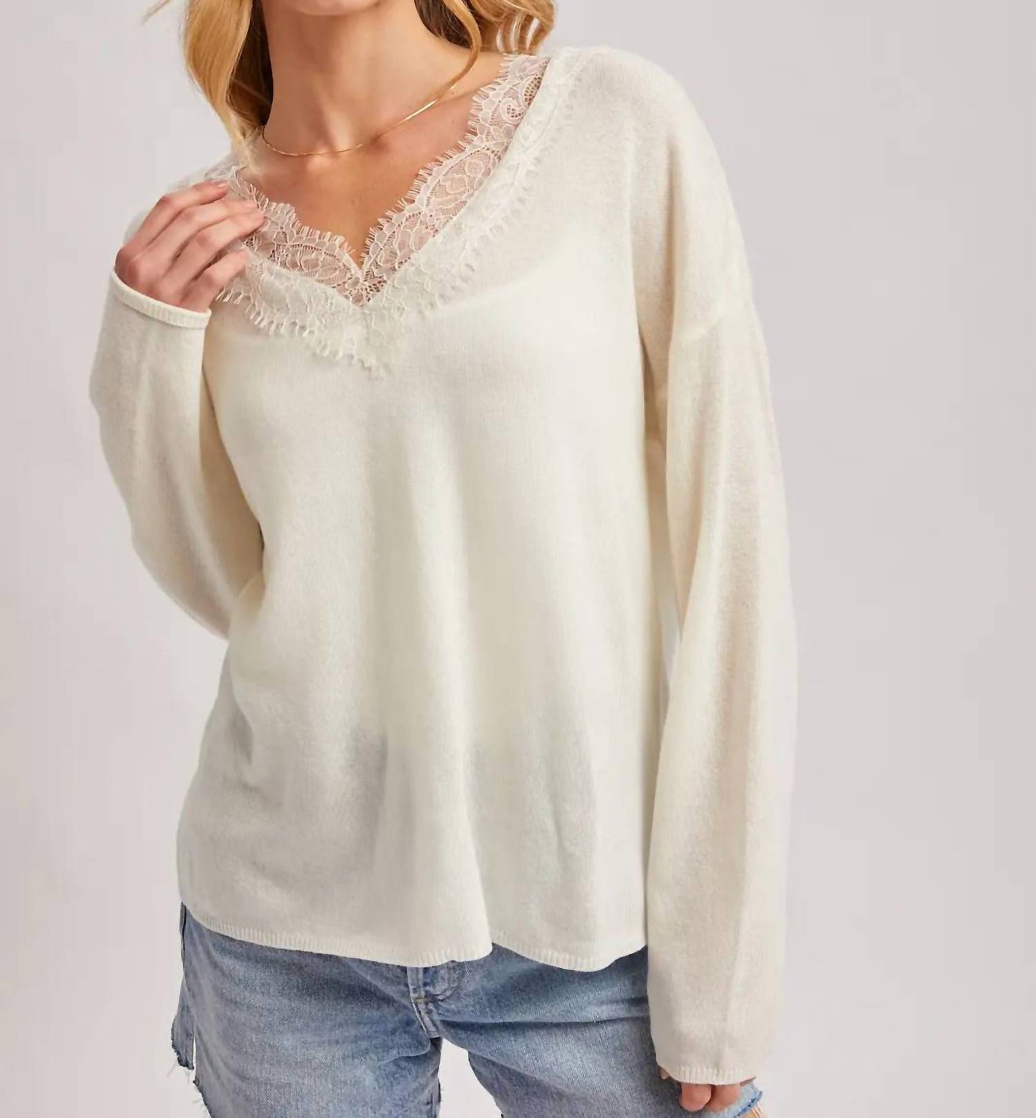 BluIvy Lace Trimmed V-neck Top in white - women's long sleeve top - detail view