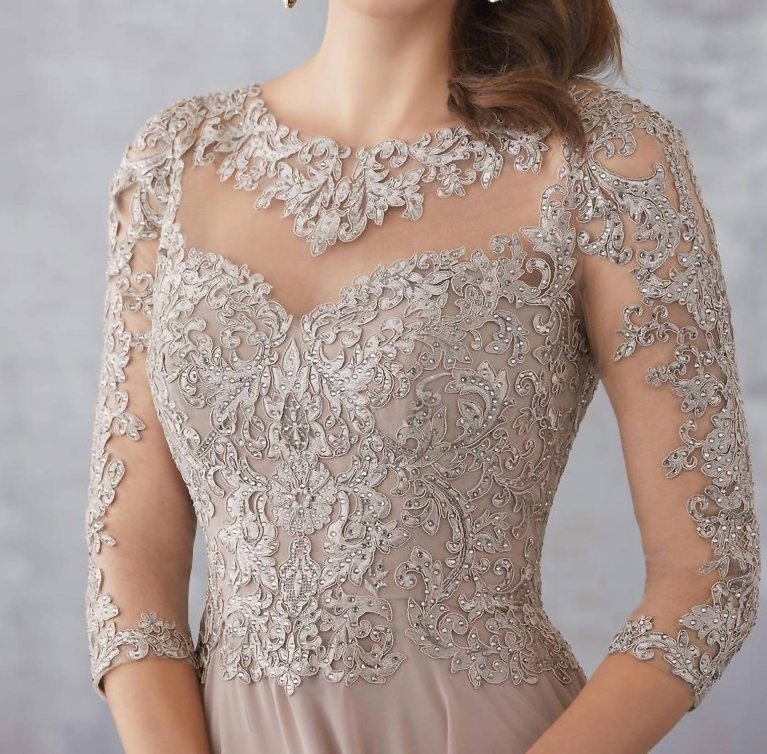MGNY Beaded Lace Appliques Dress in taupe - women's dress - alternate view