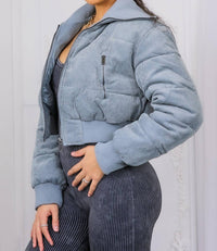 Surelymine - Keep Up With Me Crop Corduroy Full Zipper Puffer Jacket