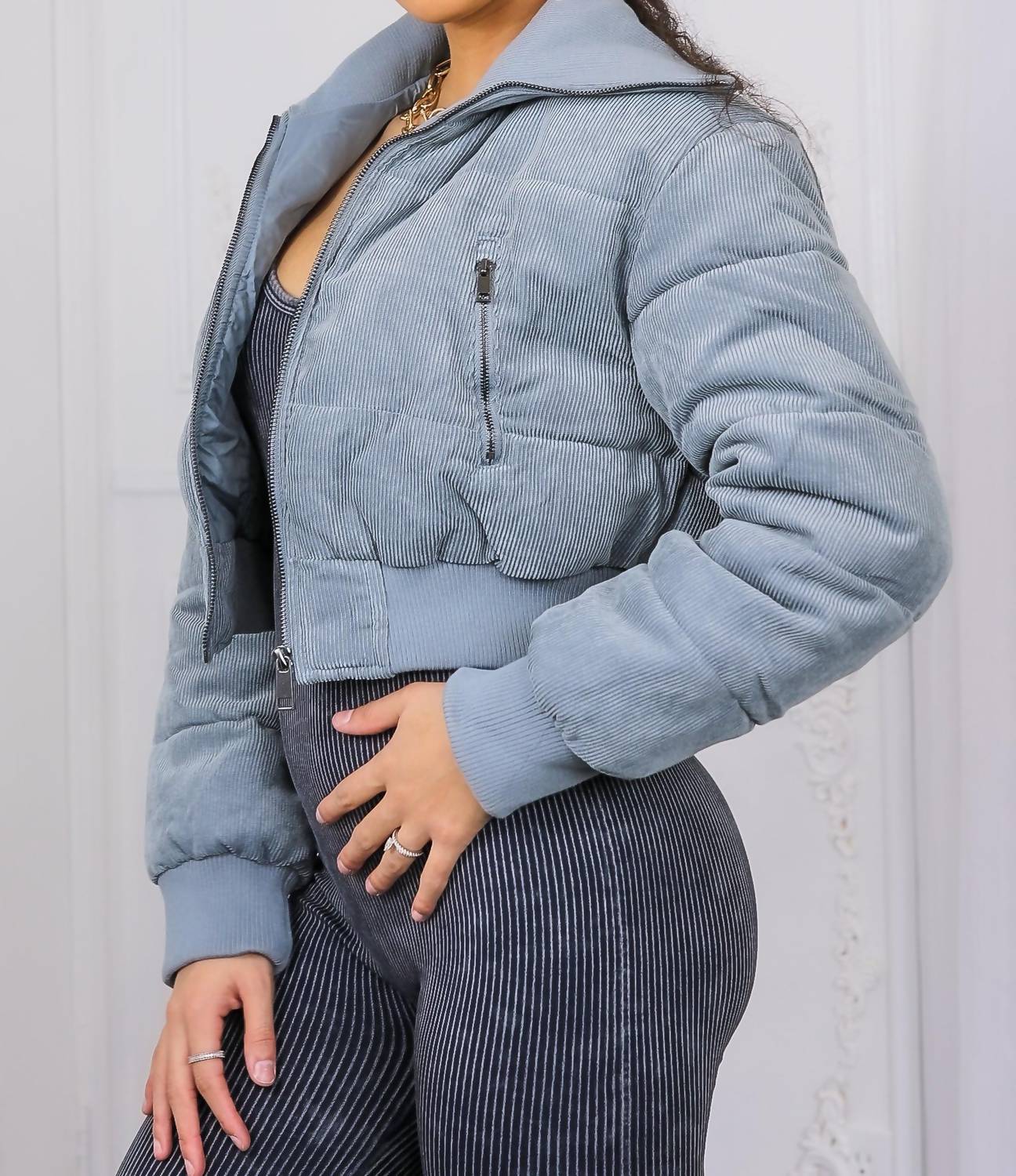 Surelymine - Keep Up With Me Crop Corduroy Full Zipper Puffer Jacket
