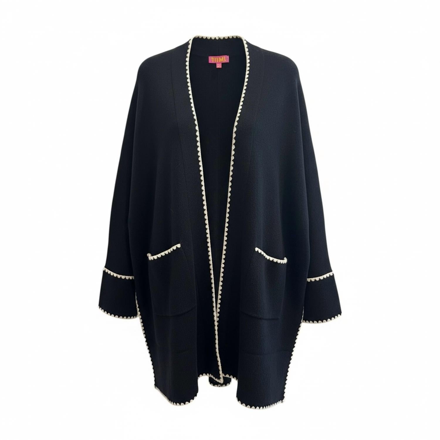 THML Whipstitch Long Sleeve Midi Cardigan in black - women's cardigan - detail view