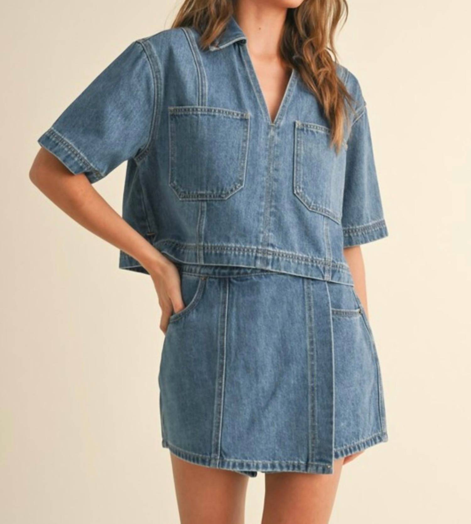 Miou Muse - Denim Shirt And Skort Set