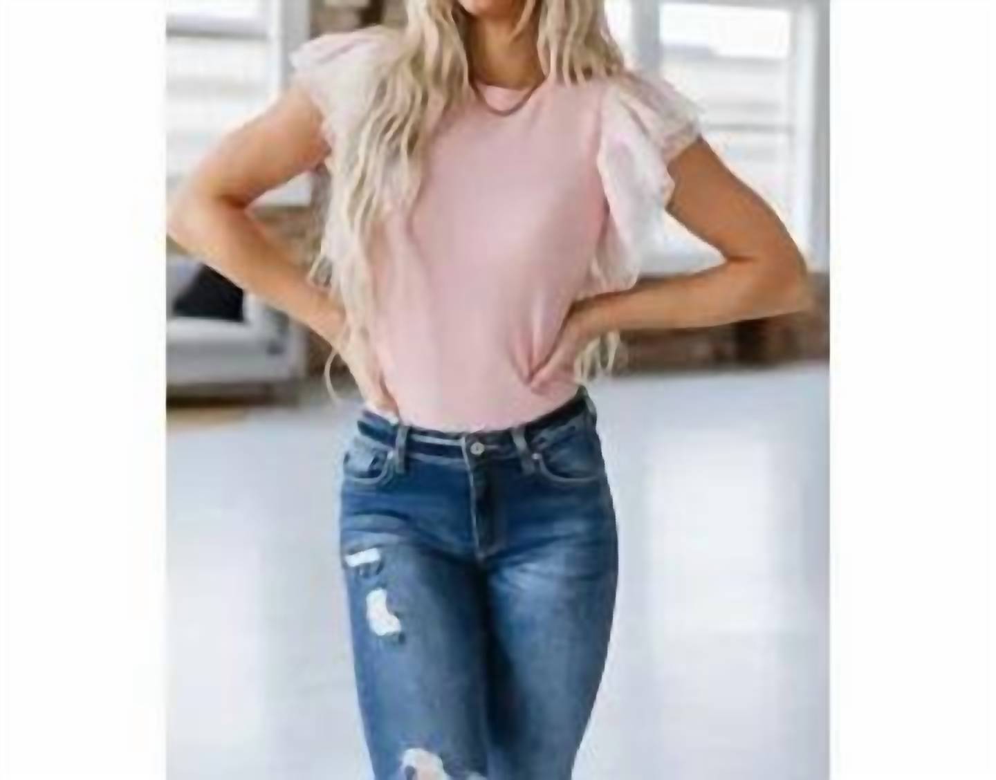 Liam & Company - Sheer Ruffle Sleeve Knit Top