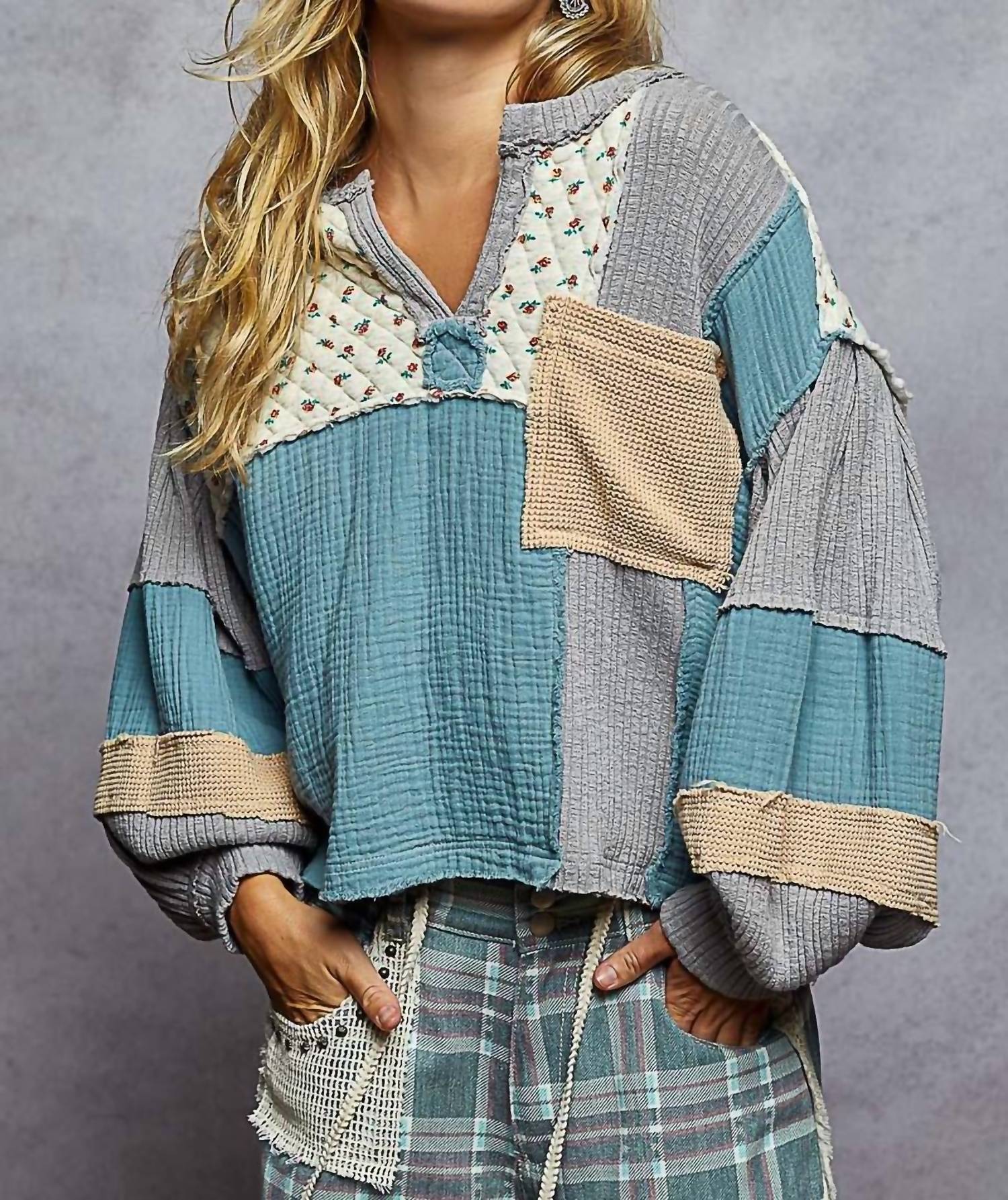 POL Flower Patch Top in azure blue - women's blouse - detail view