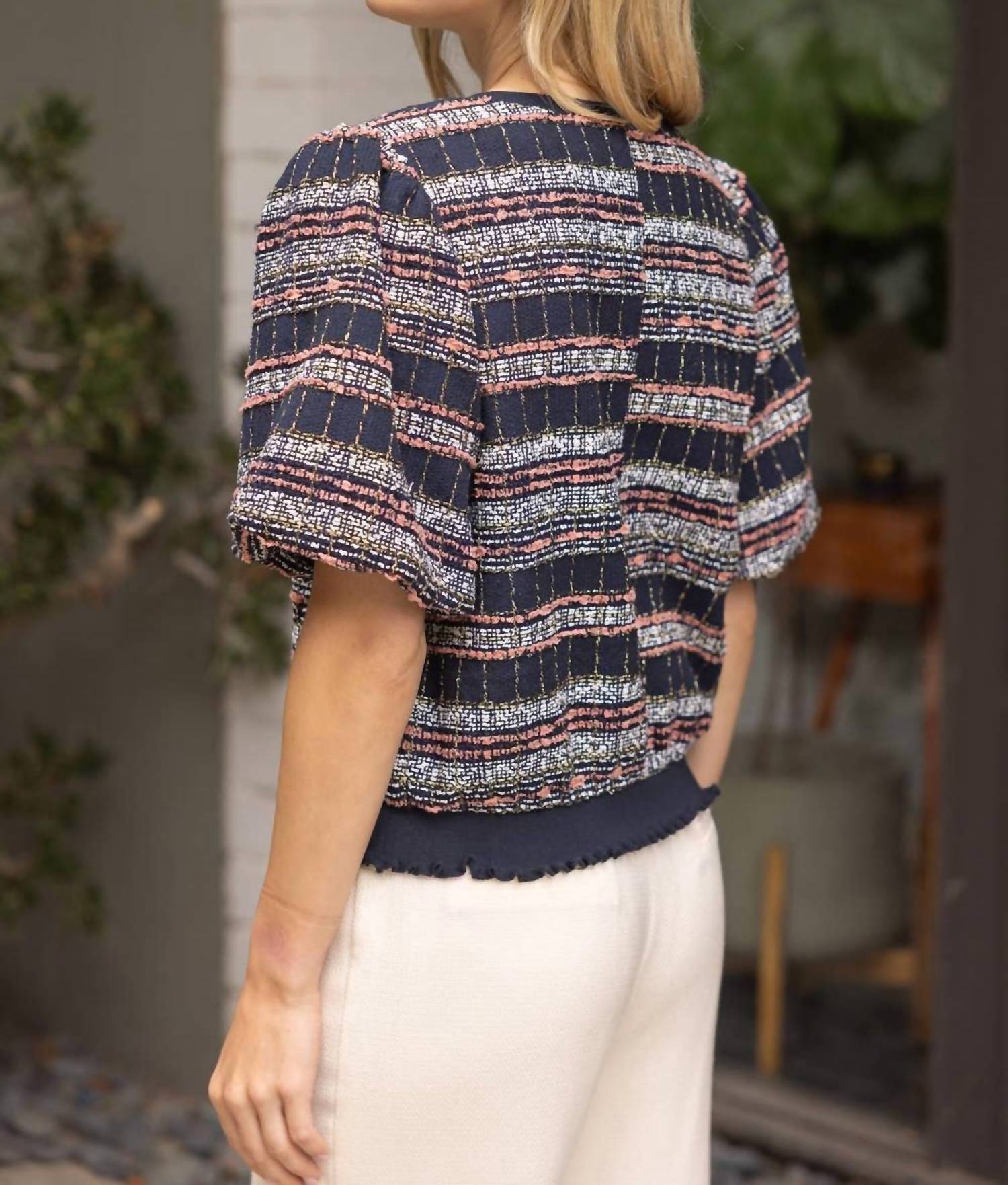 Voy - Elastic Band Detailed Textured Tweed Top
