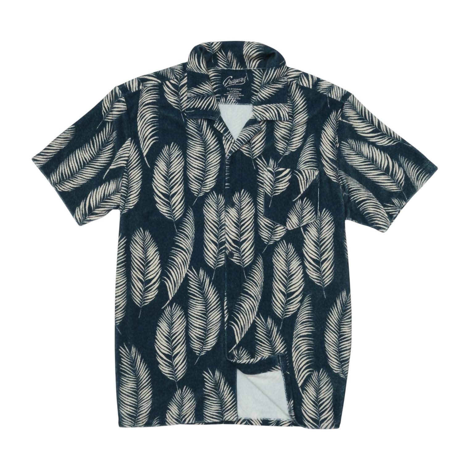 Grayers Riviera Terry Button Shirt in navy leaf - men's shirt - detail view