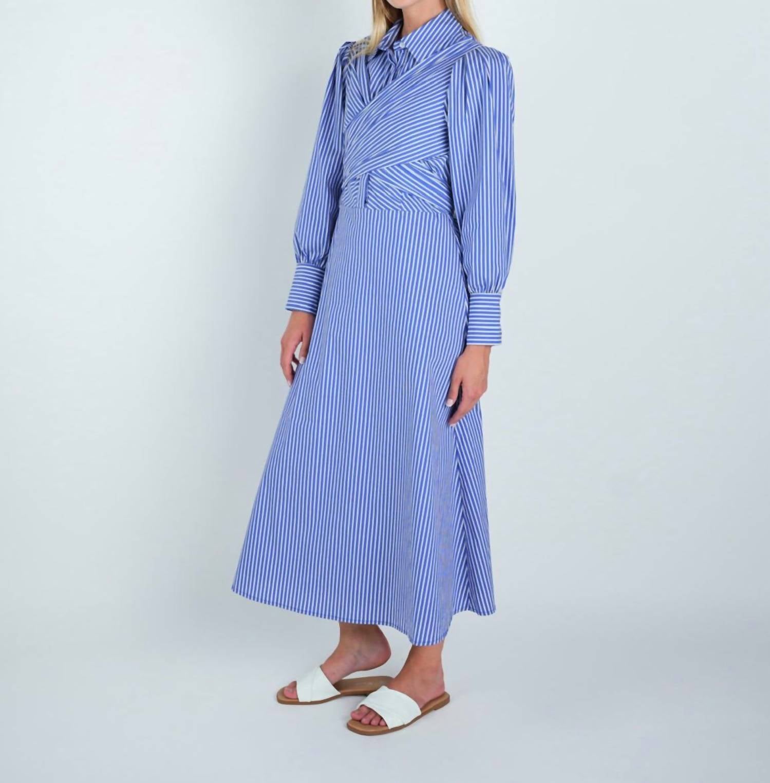 John Abgin - Cotton Striped Criss-Cross Midi Shirt Dress