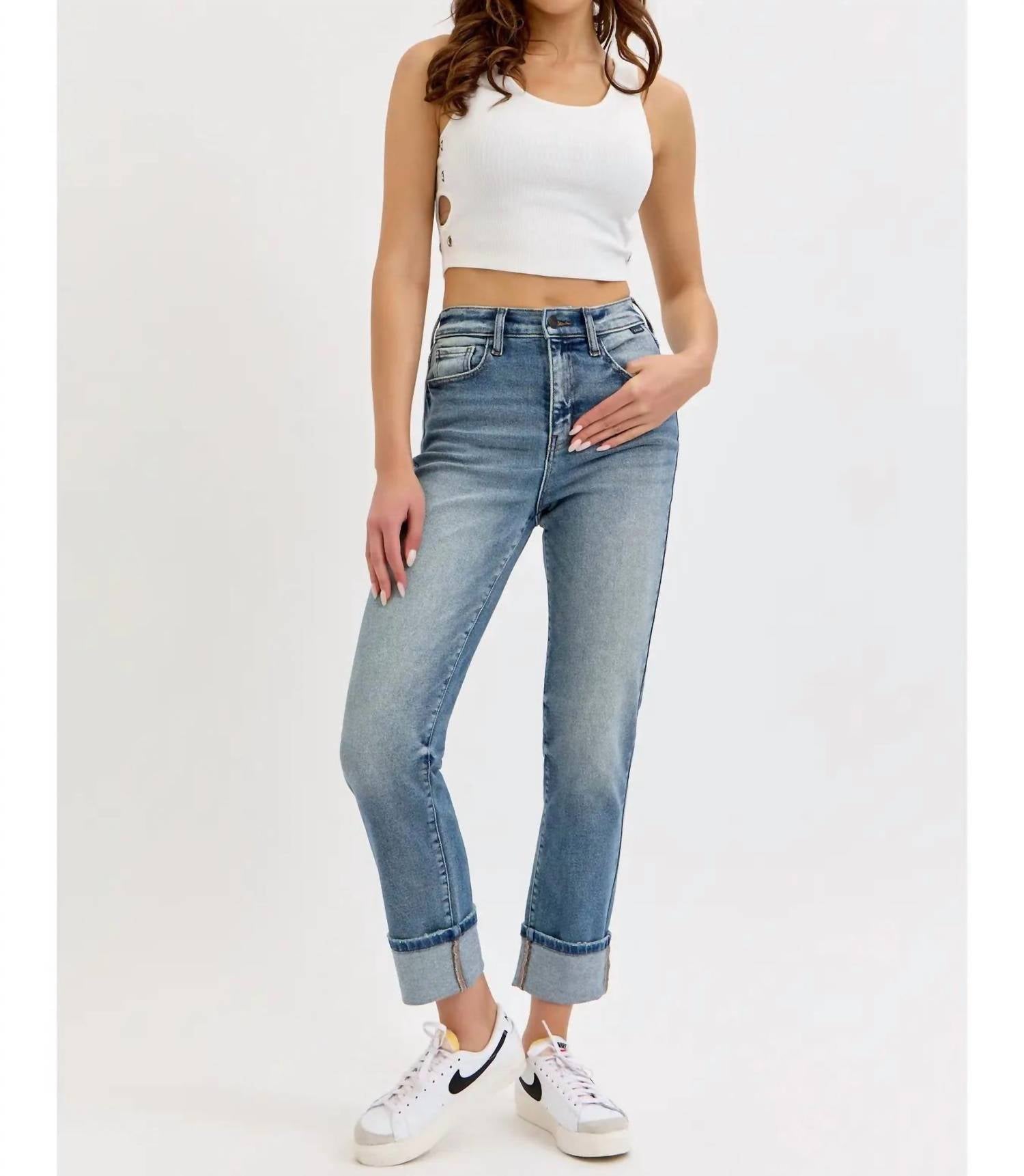 CELLO High Rise Cuff Stretch Denim Jeans in blue - women's jeans