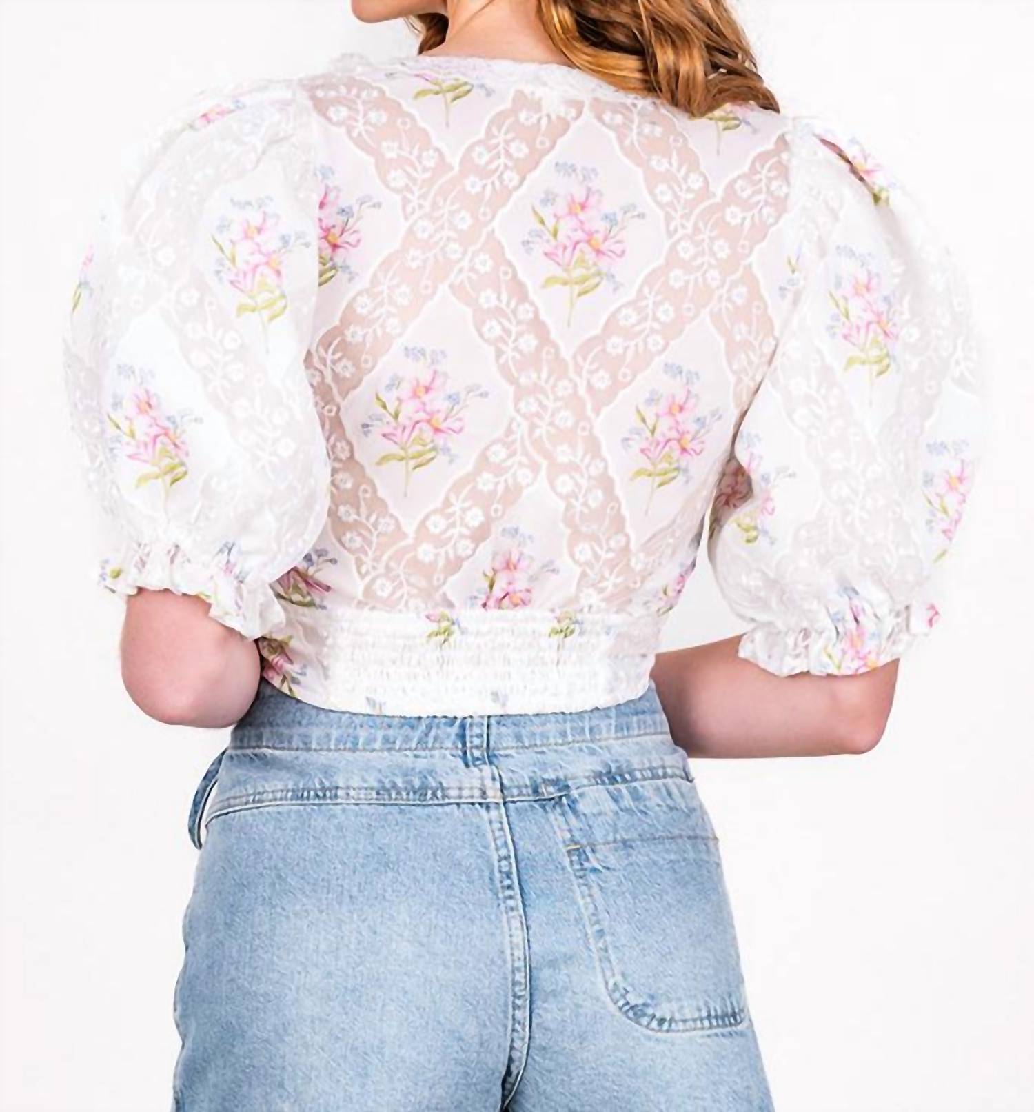 for Love & Lemons Diana Patchwork Top in white - women's t-shirt - alternate view