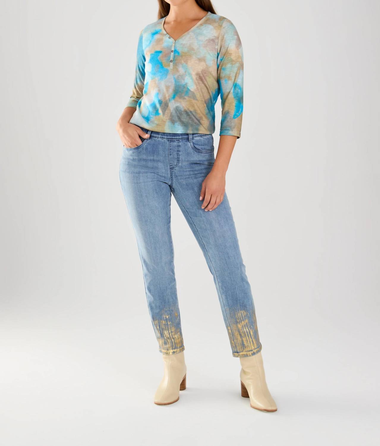 FDJ Portia Pull On Pencil Ankle Denim Jeans in blue and gold - women's jeans - view 4