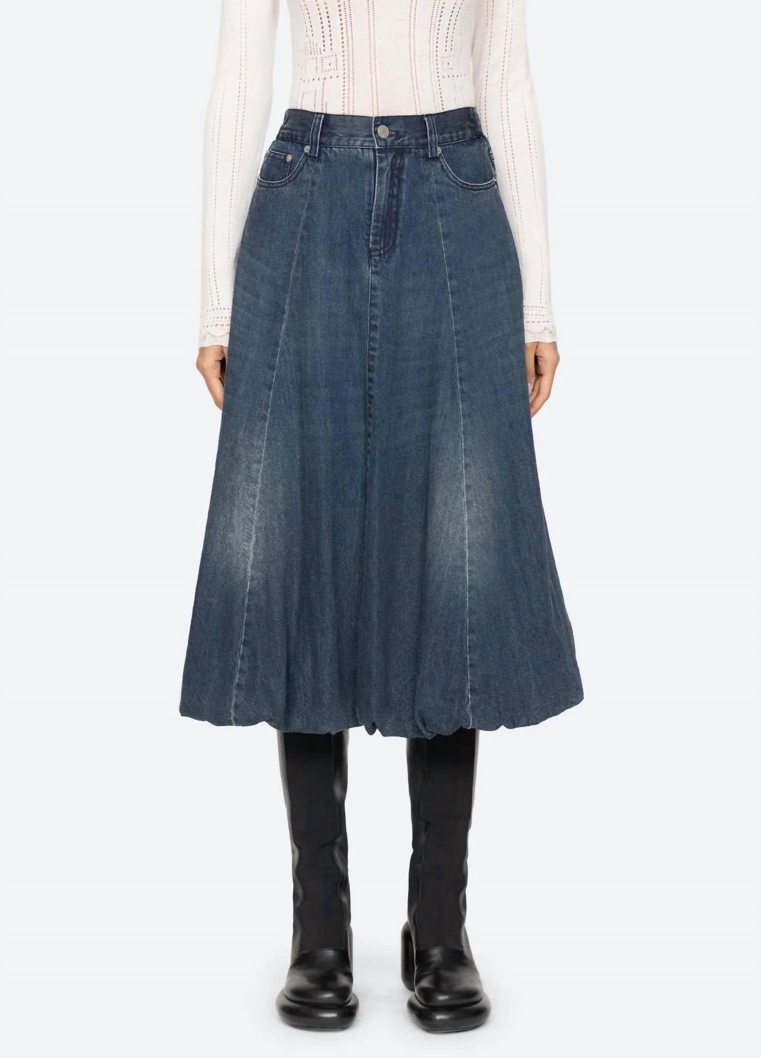 SEA Amari Denim Bubble Midi Skirt in blue - women's skirt