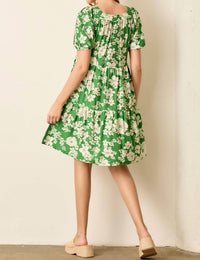 Baevely By Wellmade - Dolly Floral Print Balloon Sleeve Tiered Dress