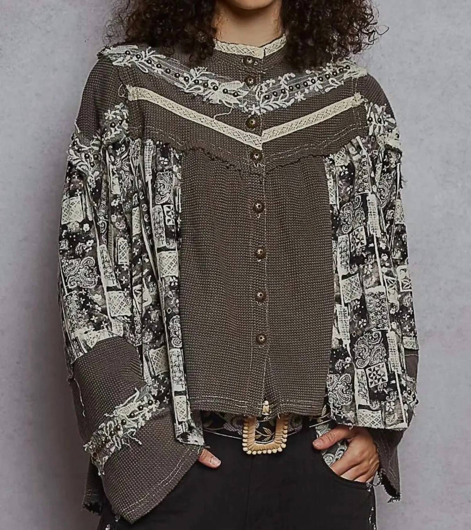 Pol - Printed Contrast Stud Button High Neck Top & Jogger Set