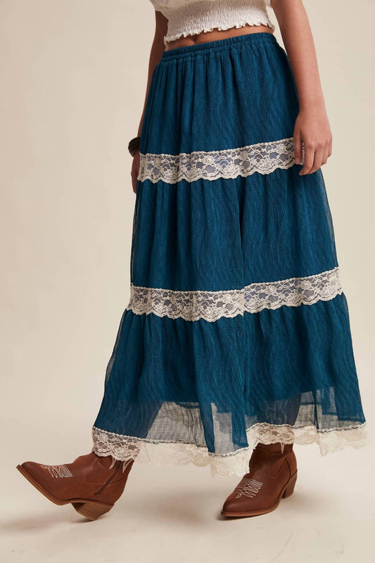 Listicle - Tiered Lace Trim Maxi Skirt